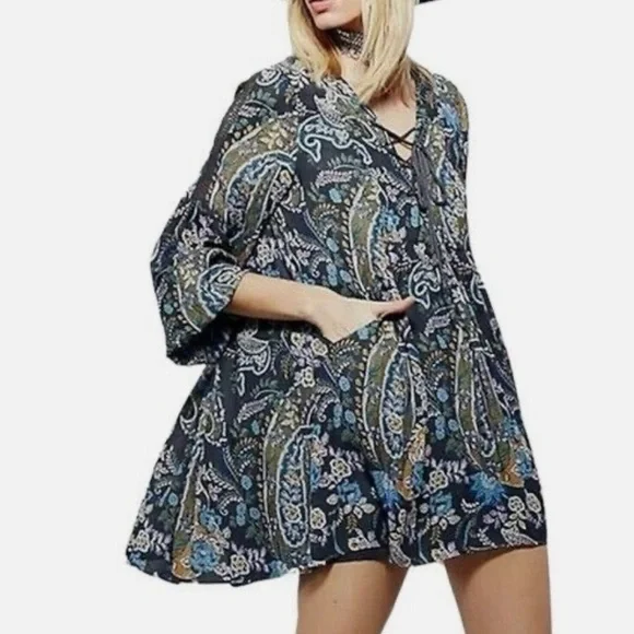Free People Rain or Shine Bohemian Tunic Mini Dress Paisley Print Size Small - Picture 2 of 10